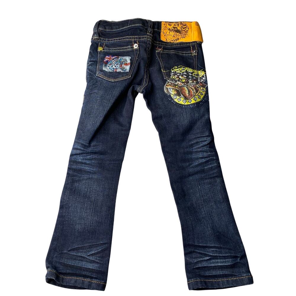 Vintage Kids Y2K Ed Hardy Pants Size 4 Unisex Tattoo Graphic Dark Wash
